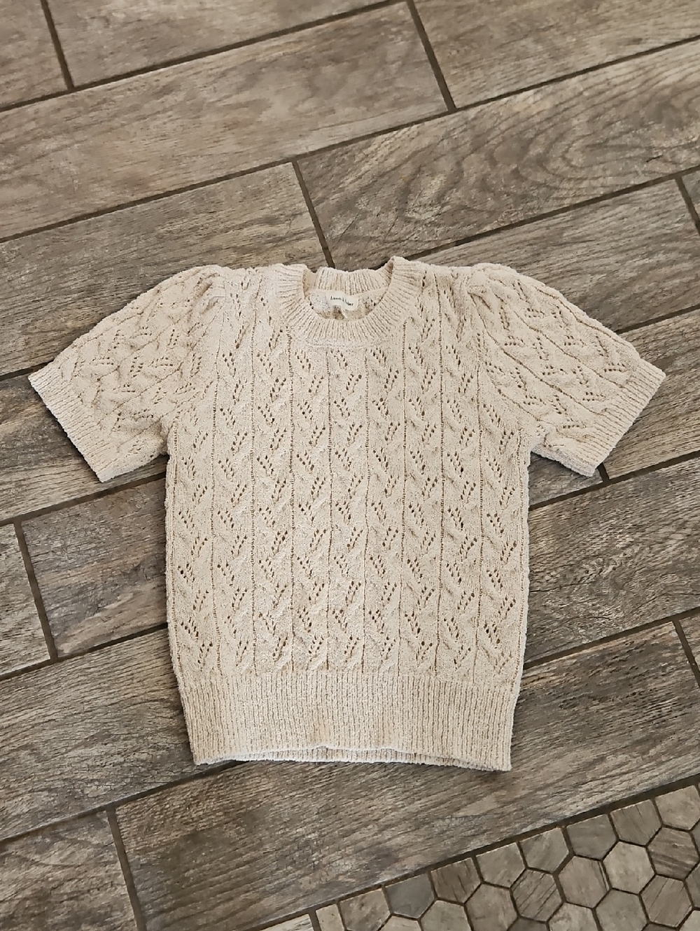Aaron & Amber Cream Short Sleeve Openwork Knit Sweater Size Small